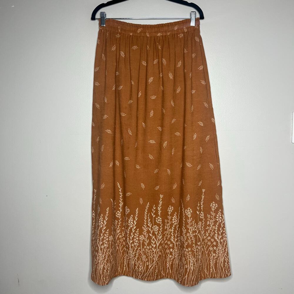 Daniel Rainn Maxi Skirt Rust Brown White Printed Floral Leaf Sz M Lined Prairie